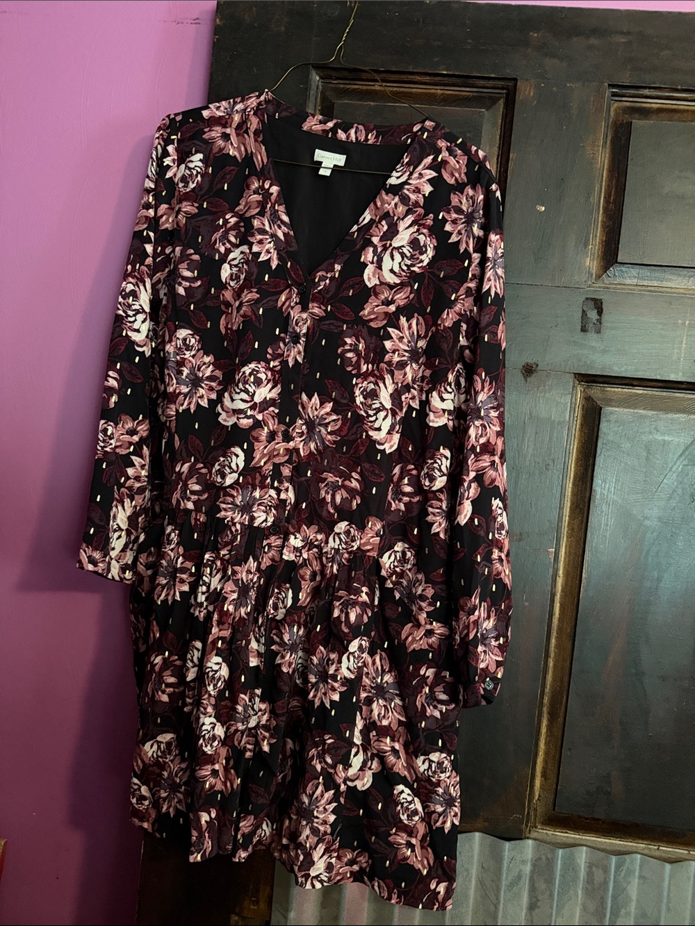 Garnet Hill Wine and Pink Floral V-Neck Tiered Long-Sleeve Dress